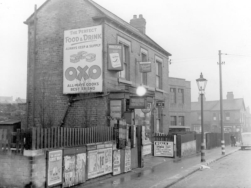 Frank Barker's confectioners shop on Dewsbury Road pictured in January 1940. Just beyond the shop can be seen premises of Forgrove Machinery Co. Ltd., wrapping machine makers, which later became Rose Forgrove. Oakhurst Avenue is to the right of the photo.
