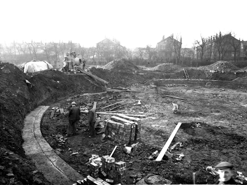 Work in progress on a static water supply basin in Cross Flatts Park in December 1941. A number of these water tanks were made throughout the city as a temporary wartime measure