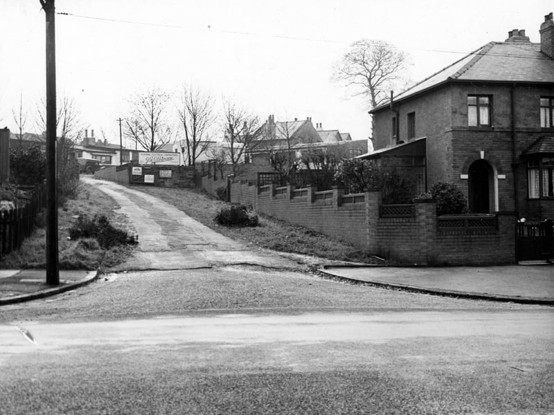 The entrance to J. W. Atkinson Ltd. plumbers and electrical engineers at number 590A Scott Hall Road in  November 1950. Houses on Woodcliffe Crescent are visible in the background.