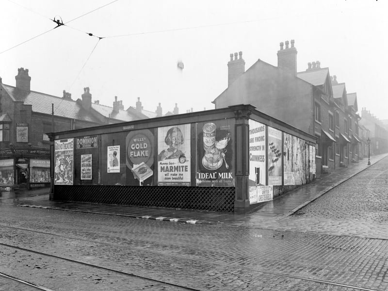 Harehills Road showing the junctions with Conway Street, right, and Back Conway Street, left, in December 1940.