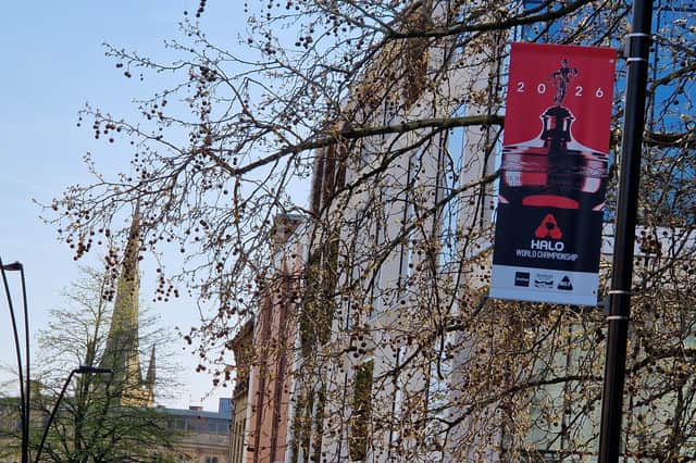 Pennants for the snooker have appeared on lampposts in Sheffield, like this on in Barker's Pool. Photo: David Kessen, Iconic Media