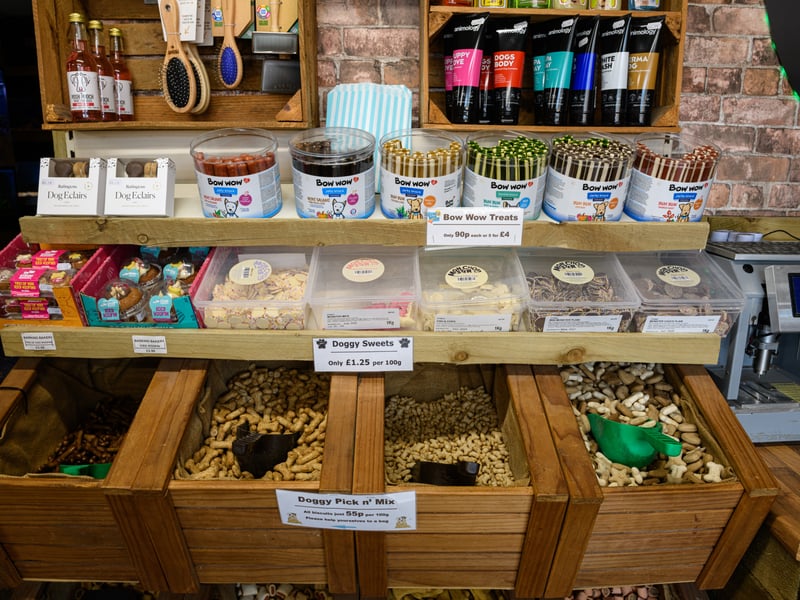 A large selection of pet treats and accessories