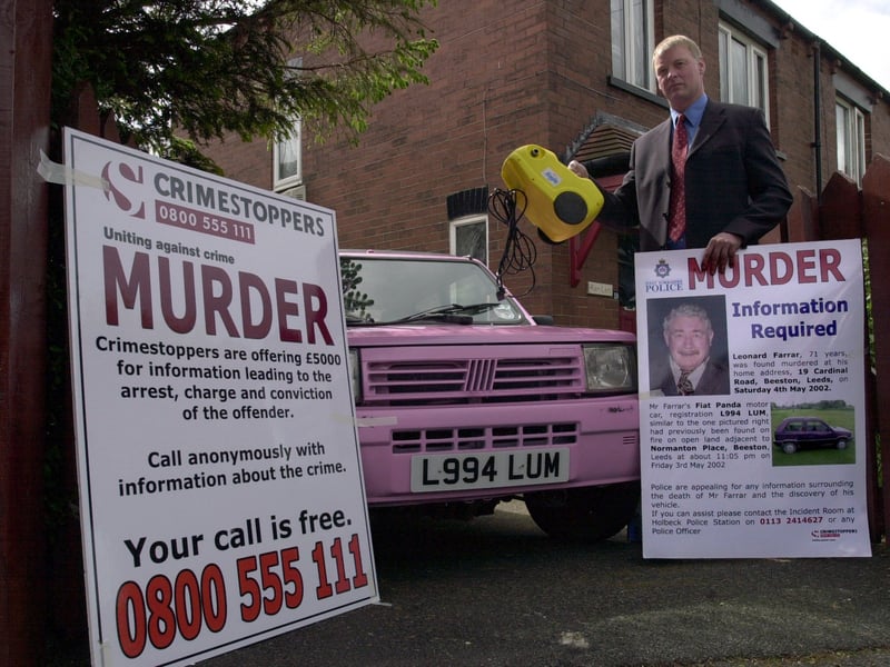 May 2002 and a murder investigation was underway into the death of Len Farrar. Pictured is Det Supt Howard Crowther with a power washer that was stolen from Leonard Farrar' s car and a Fiat Panda similar to the car that belonged to the pensioner and was found burnt out near to his home on Cardinal Road.