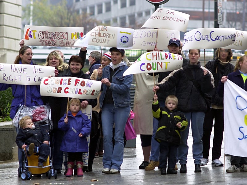 Parents, children and governors of closure threatened Miles Hill Primary School demonstrate outside the Civic Hall in November 2002.