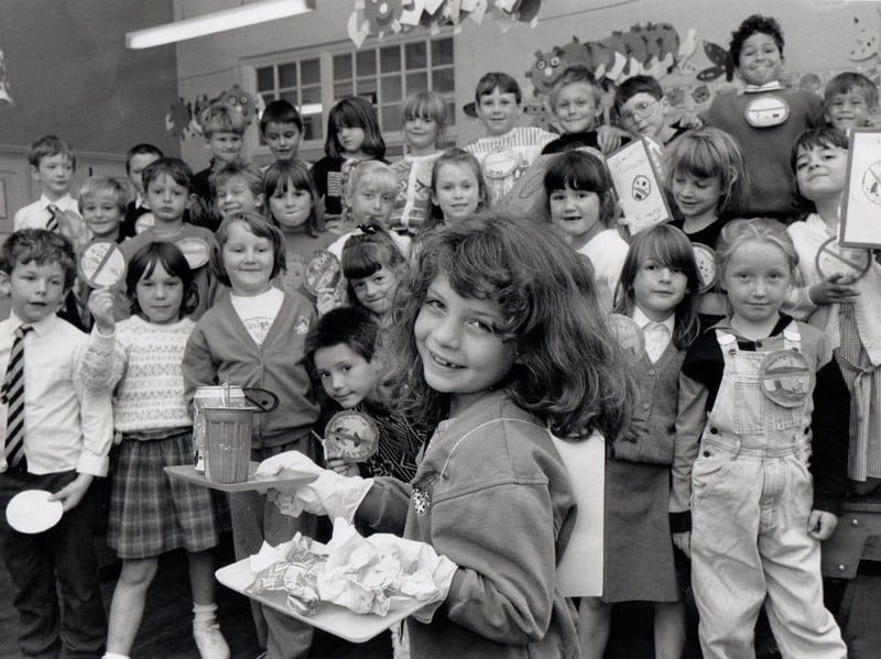 Pupils at Friarage Primary School, in Scarborough, showcase their pollution campaign in 1991