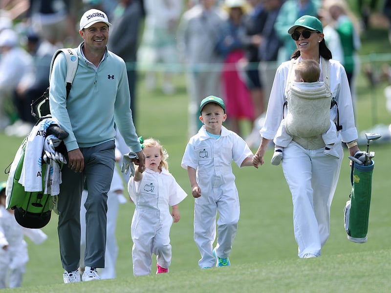 Jordan Spieth walks with his wife Annie, son Sammy, daughter Sophie and son Sully.
