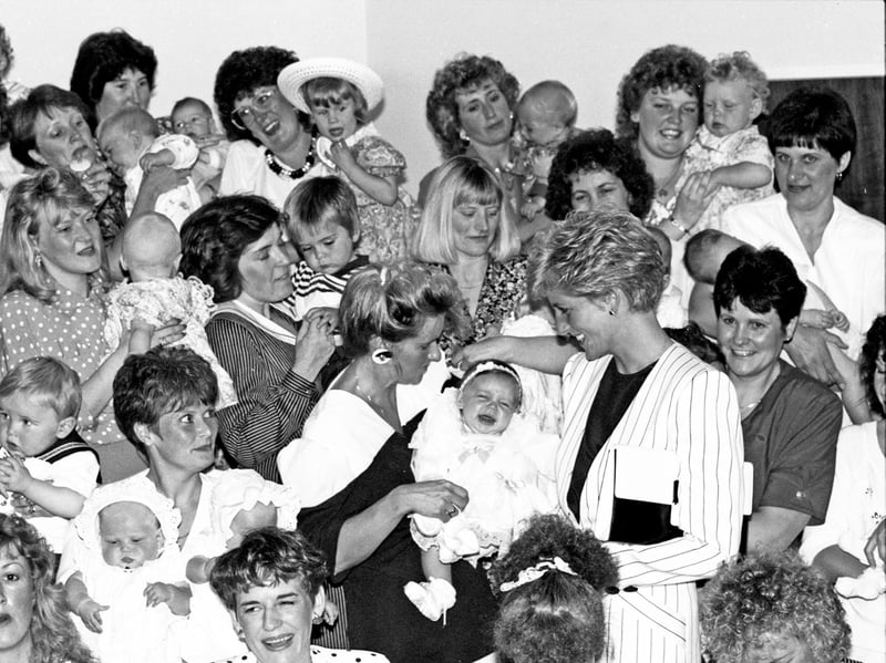 Princess Diana meets a group of happy mums and their babies at the Jessop Hospital, Sheffield, in July 1991
