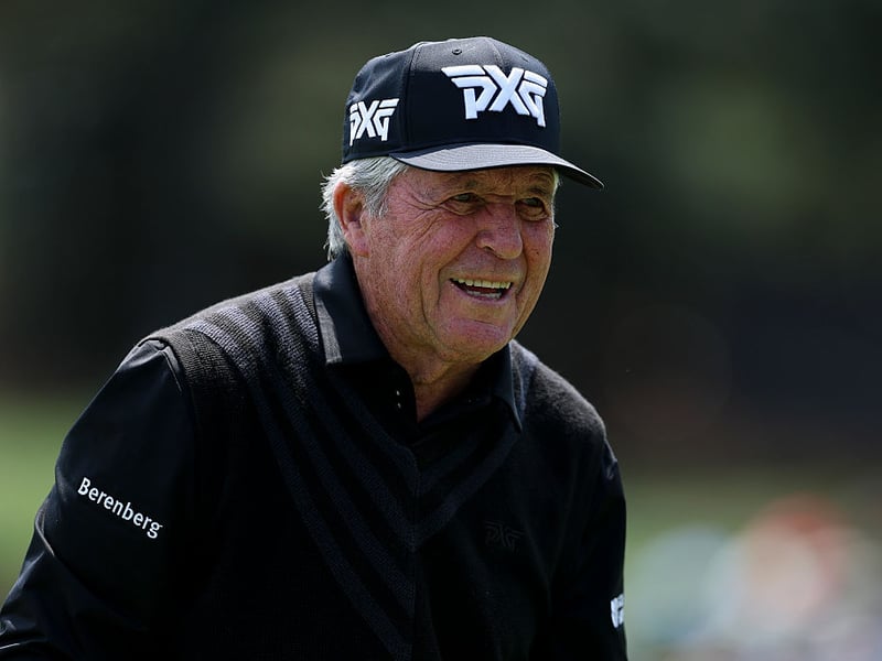 Gary Player of South Africa reacts on the second hole during the Par Three Contest.