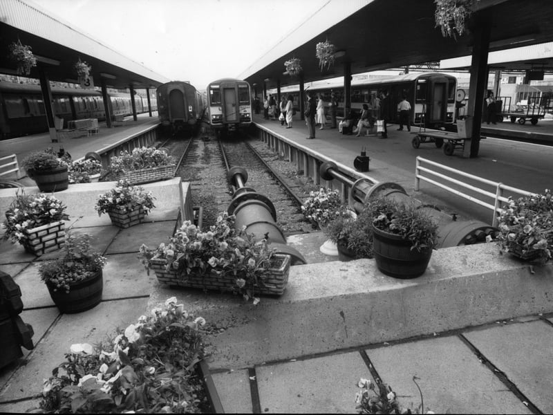 Bradford's prize-winning Interchange station looking cheerful with its floral decorations in July 1991