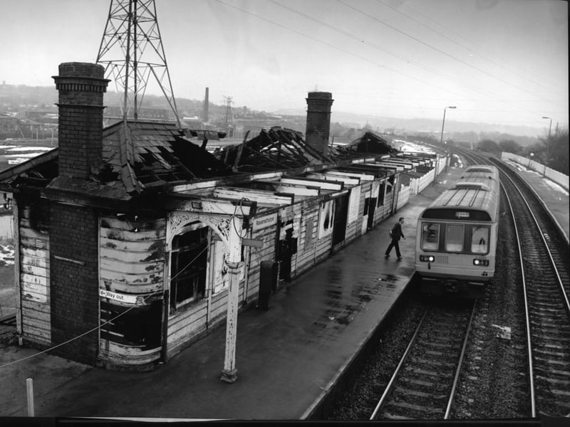Fire-damaged buildings at Ravensthorpe Railway Station near Dewsbury in February 1991