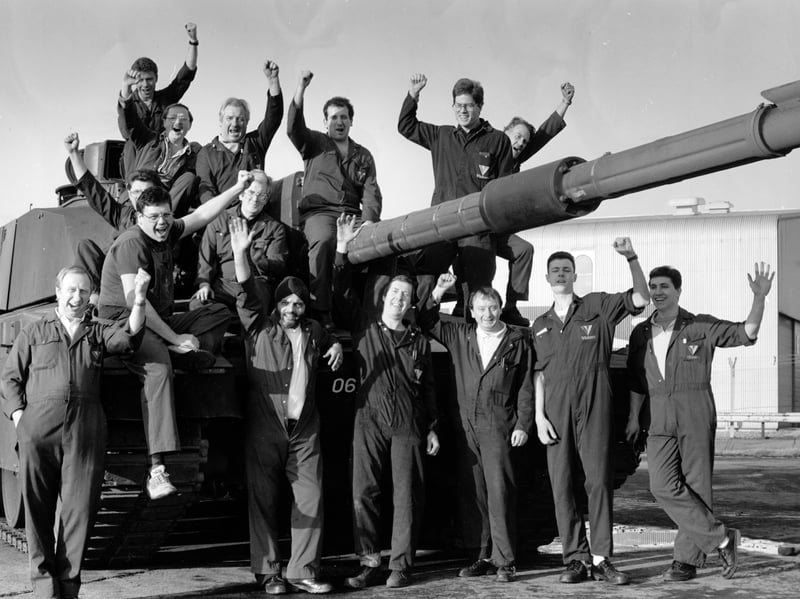Workers at Vicker's Barnbow factory, Leeds, celebrate the lunchtime news in November 1991 of a confirmed order for Challenger 2 tanks