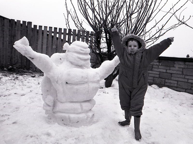 A youngster in Killamarsh shows off a snow turtle in February 1991, when Teenage Mutant Ninja Turtles was all the rage