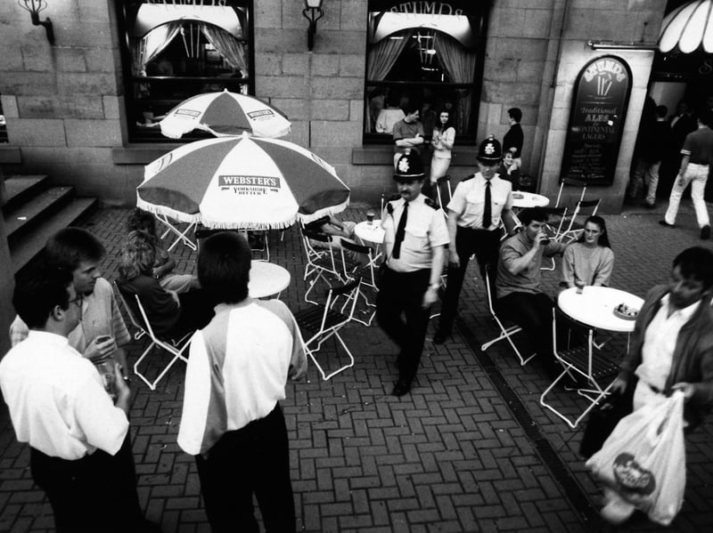 Sgt Anthony Gregg, left, and Insp Paul Langan on peaceful patrol at Stumps, Leeds city centre, in May 1991