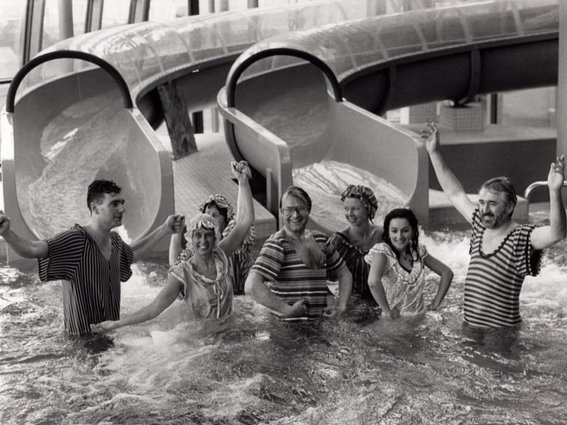 A group of swimmers in Victorian swimming costumes pictured in the flume splash pool at Ponds Forge, Sheffield, in March 1991 at the XVI Universiade Festival launch