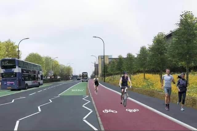 How the segregated bike lane through Attercliffe will look based on CGI images from the Sheffield City Council.