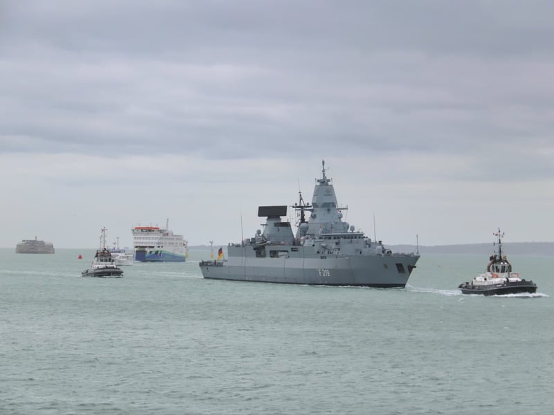 German frigate Sachsen, which has replaced the Royal Navy destroyer HMS Dragon as the flagship of a Nato operation, arriving into Portsmouth on April 9.