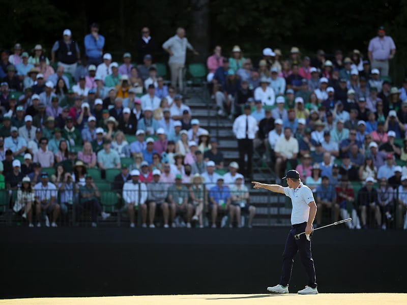 Justin Rose of England reacts on the 15th green during the first round of the 2026 Masters.