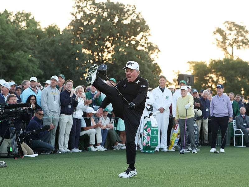 Gary Player's reaction to his drive on the first.