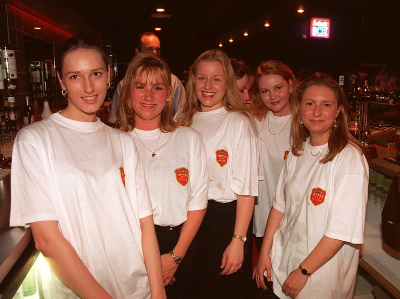 Bar staff at Sheffield's new Adelphi nightclub in June 1996
