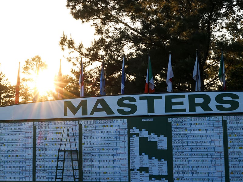 A general view of the leader board during the first round of the 2026 Masters.