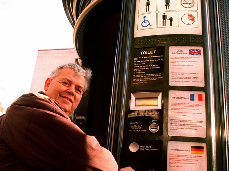 Councillor Tony Arber, Sheffield Deputy Lord Mayor, officially opens the new 'superloo' in the city centre in 1997