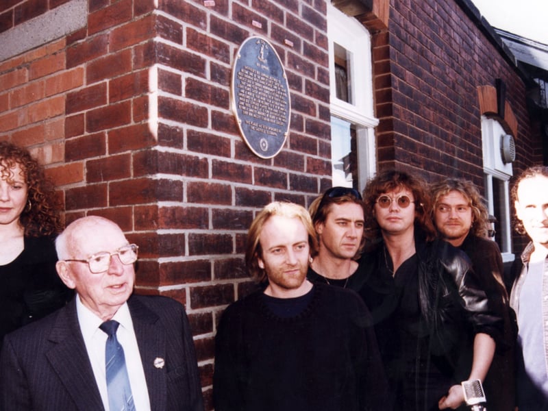 Def Leppard unveil a Sheffield Heritage plaque at Crookes Working Men's Club, Sheffield, in August 1996