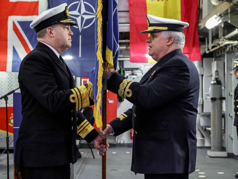 Pictured is Commander Allied Maritime Command, Vice Admiral, Robert G Pedre CB RN and Outgoing Standing NATO Maritime Group One Commander, Rear Admiral Joaquin Ruiz Escagedo Spanish Navy, handing over command for the Change of Command Ceremony, on board FGS Sachsen at HMNB Portsmouth.”