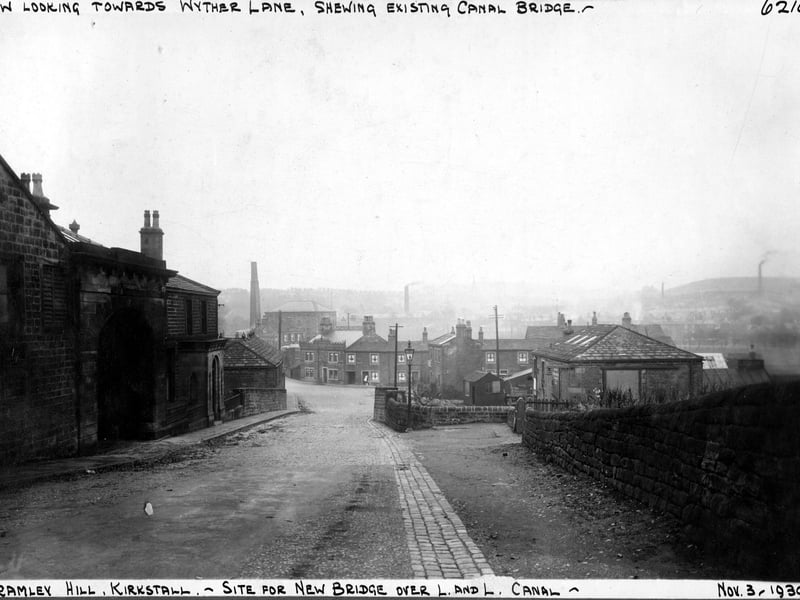Looking towards Wyther Lane showing the canal bridge. This photograph was taken prior to the construction of a new bridge. Pictured in November 1930.