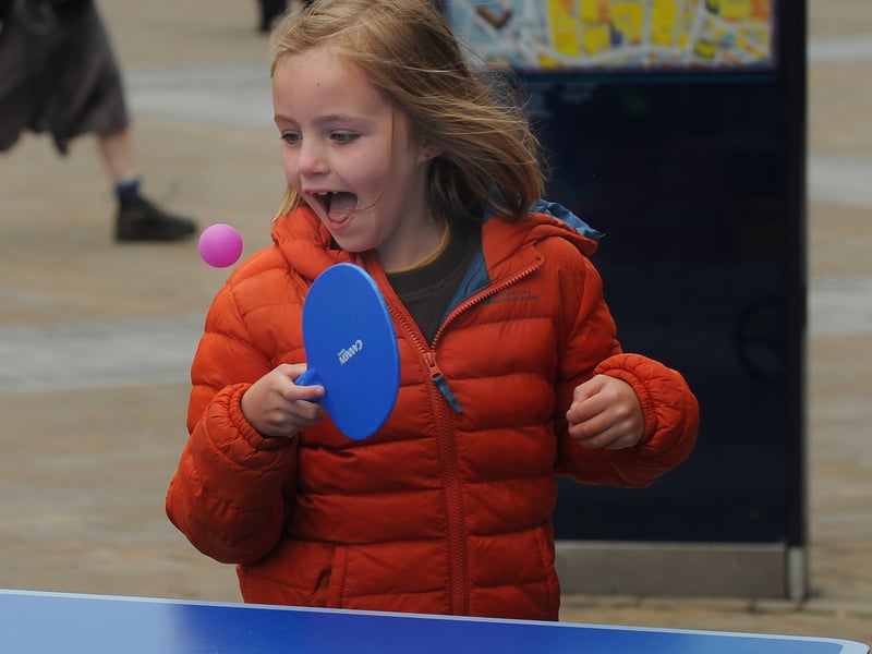 Lily Brook, seven, of Saltaire watches the ball in her game of table tennis.