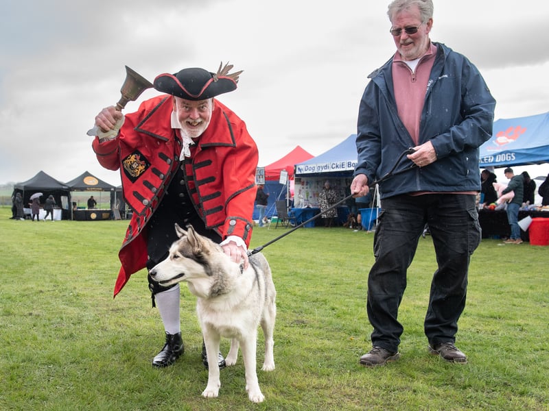 Town crier Gez Clark meets a former Homeless Hounds rescue dog at the Kirkham Dog Show.