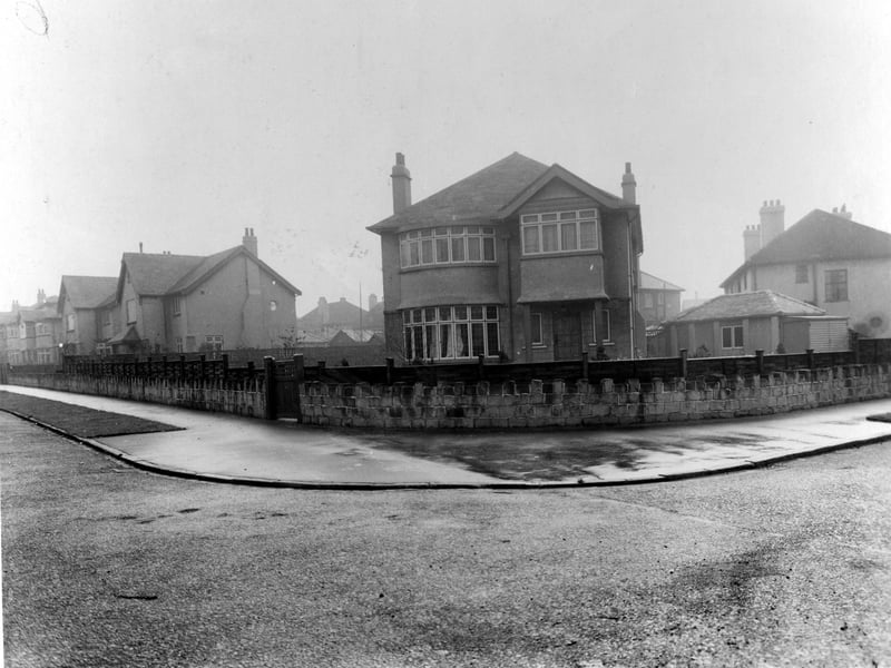 Detached house at the corner of Moorland Drive with large bay windows and garden wall and fence. Pictured in November 1939.