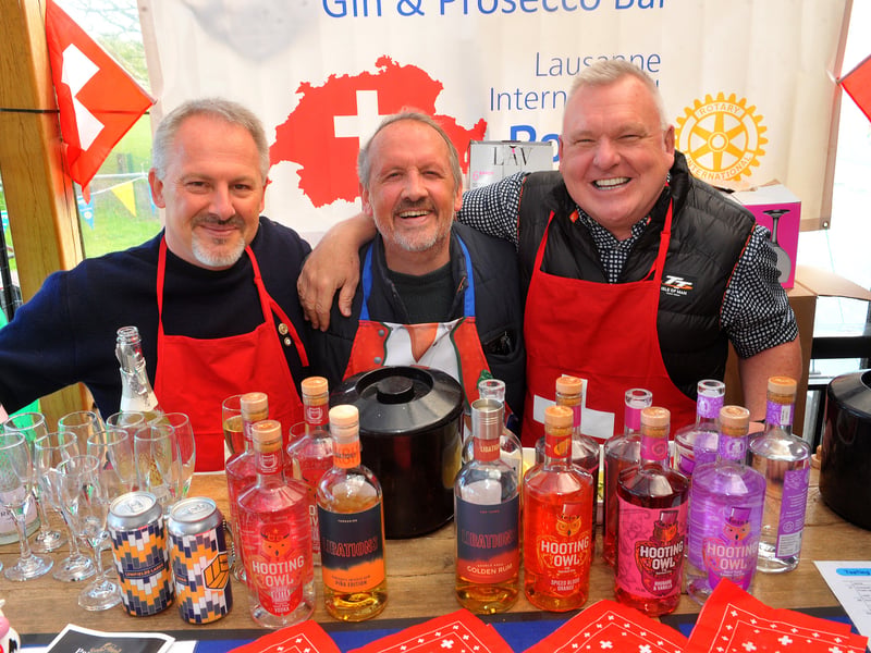 The Rotary Club of Lausanne, Swizerland who ran the Gin and Prosecco bar. Pictured are Xavier Petremand, Piers Neal and Chris Eaborn.