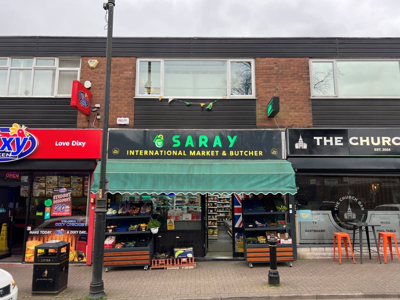 This extends to799 sq ft on the ground floor and 416 sq ft on the first floor, is let to a business trading as Saray International Market & Butcher on a ten-year term until November 2031.
