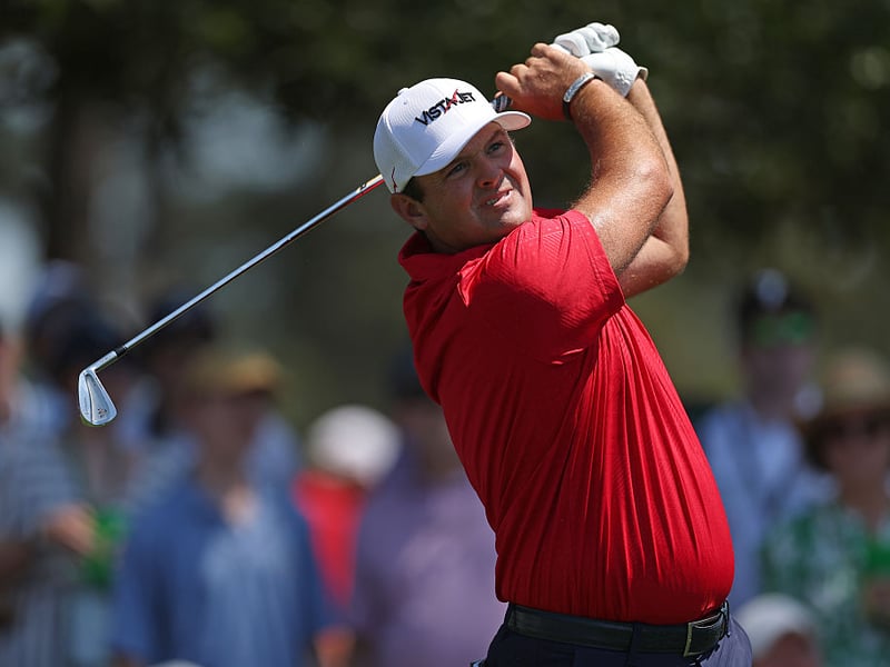 Patrick Reed of the United States plays his shot from the fourth tee.