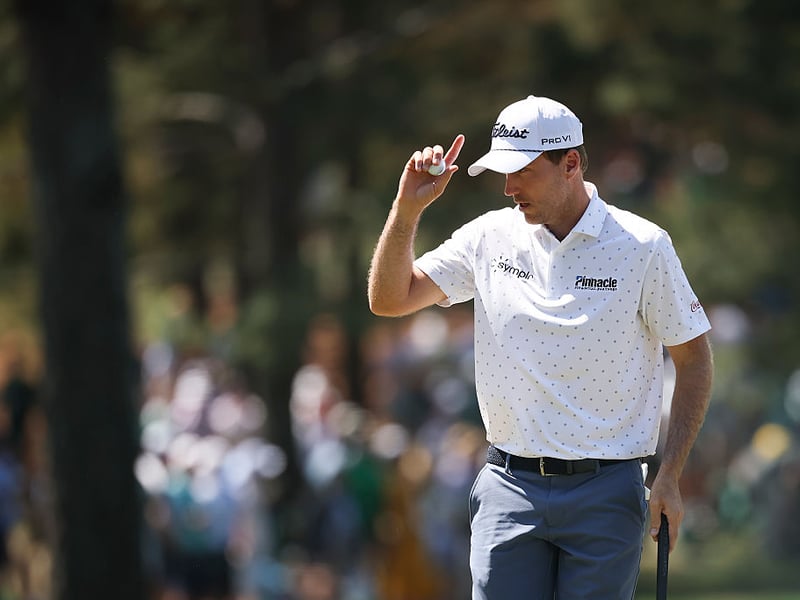 Russell Henley of the United States reacts after a birdie on the seventh green.