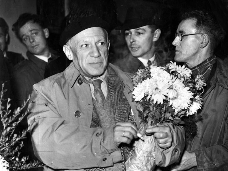 Pablo Picasso arrives at Sheffield Midland Station in 1950 for the World Peace Congress