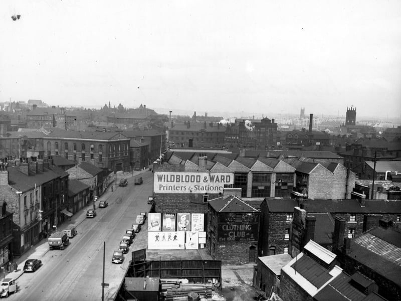 An elevated view looking north along Meadow Lane towards Leeds Bridge and Hunslet Lane in April 1955.