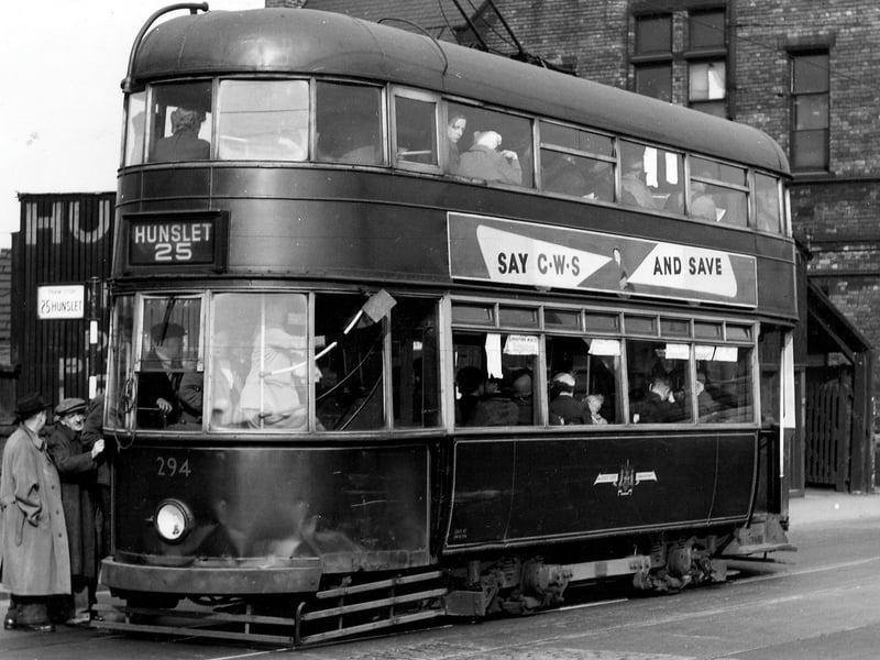 Tram no.294, bound for Hunslet on route 25, stopping on Great Wilson Street for passengers to board in May 1953.