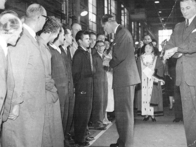 Royal visit of Her Majesty the Queen and HRH The Duke of Edinburgh to R.W. Crabtree & Sons Ltd on Water Lane in October 1958. This was the first stop made by Her Majesty the Queen and the Duke of Edinburgh on their two day royal visit to Leeds for the Centenary Music Festival.