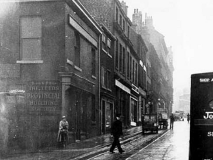 Norfolk Street, Sheffield city centre, seen from Change Alley, in February 1939, showing the Branch Office for the Leeds Provincial Building Society