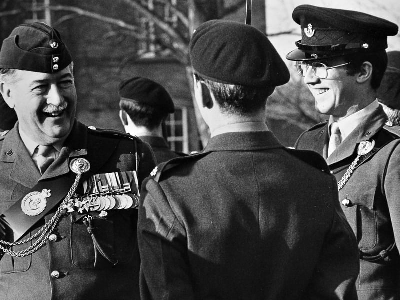 A Shrewsbury Barracks parade in December 1977, where Lieutenant-Colonel G P Delme-Murray inspects the troops alongside Lieutenant Mark Vincent, the platoon commander. The inspection captured a moment of military routine and discipline at the barracks during the late 1970s.
