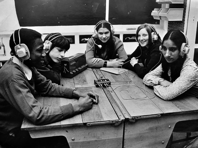A glimpse back to Wrockwardine Wood School in April 1977, where pupils took part in a taped course in phonetic spelling — using methods similar to a language laboratory. Pictured are Donald Jeffrey, Michael Wellings, May Parry, Linda Barry and Manjit Dillon, embracing an innovative approach to learning for its time.