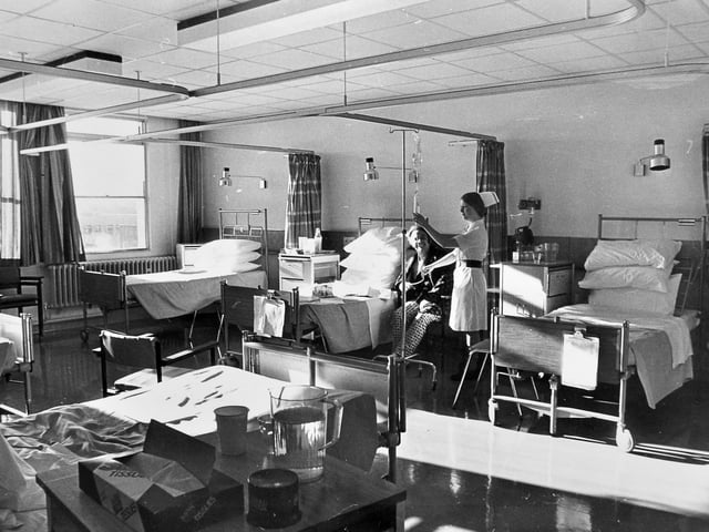 A glimpse inside one of the new wards at Copthorne North Hospital, Shrewsbury, in November 1977. The image was taken shortly after patients began being transferred from the Royal Salop Infirmary following its closure, marking a significant moment in the transition to the new hospital facilities.