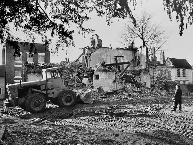 A Bridgnorth scene from February 1977 showing the demolition of St John’s House in Low Town, which was nearing completion after work began the previous weekend. The site was earmarked for redevelopment into a new supermarket, with plans under consideration by Bridgnorth District Council at the time.