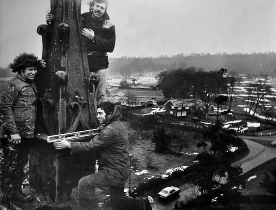 A striking view from Weston-under-Redcastle in January 1977, where restoration work was underway high above the village at St Luke’s Chapel. Mr Derek Lowe, Mr Alan Jones and Mr Maurice Lowe are pictured carrying out repairs to one of the pinnacles on the late 18th-century church tower, part of a wider restoration project costing around £1,600.