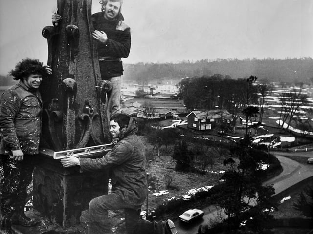 A striking view from Weston-under-Redcastle in January 1977, where restoration work was underway high above the village at St Luke’s Chapel. Mr Derek Lowe, Mr Alan Jones and Mr Maurice Lowe are pictured carrying out repairs to one of the pinnacles on the late 18th-century church tower, part of a wider restoration project costing around £1,600.