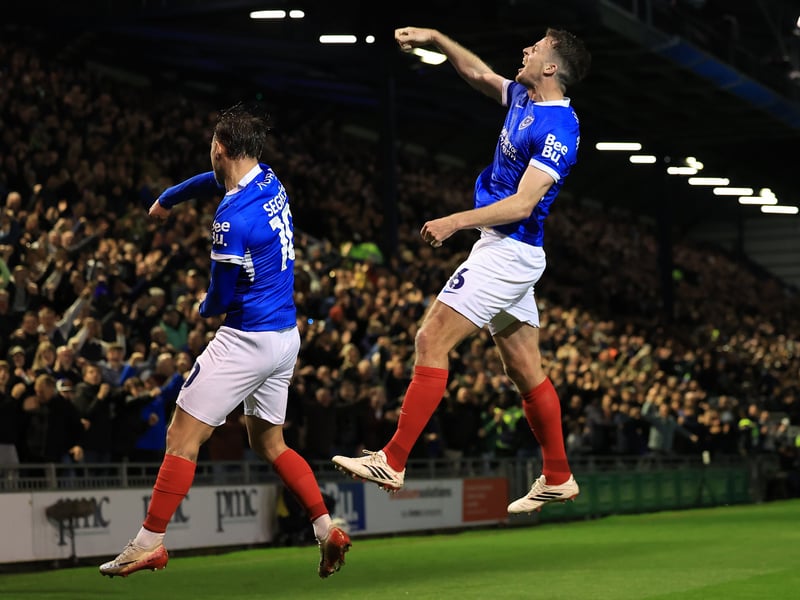 Conor Shaughnessy celebrates Pompey's opener in front of the jubilant South Stand.