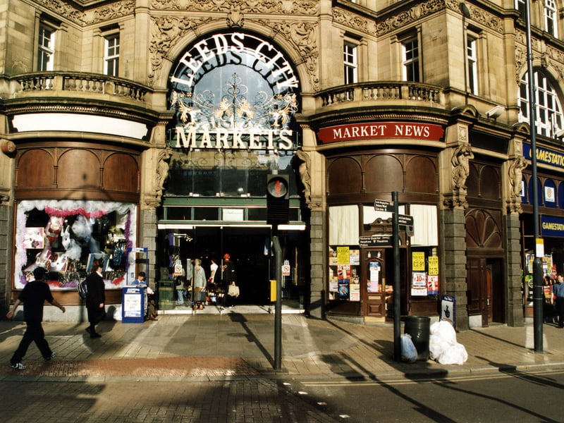 The entrance to Kirkgate Market on corner of Vicar Lane with Kirkgate Lingerie shop can be seen or the left with right and Gamestation, Computer game store next door. Pictured in September 1999.