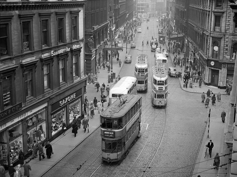 Trams on Union Street, Glasgow, at the  junction of Renfield Street and Gordon Street, in November 1959
