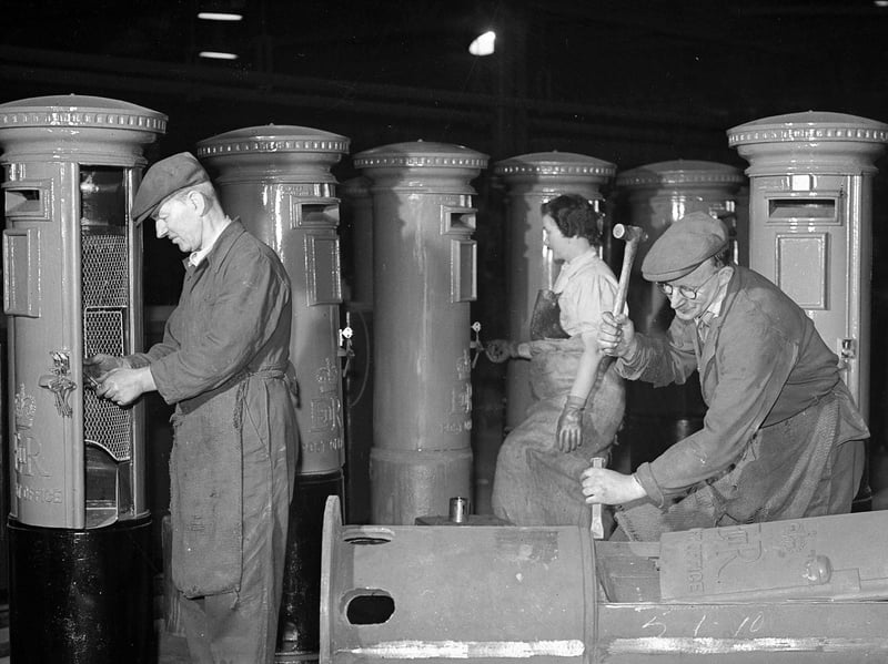 Workers making pillar boxes at the Carron Iron company near Falkirk in 1959